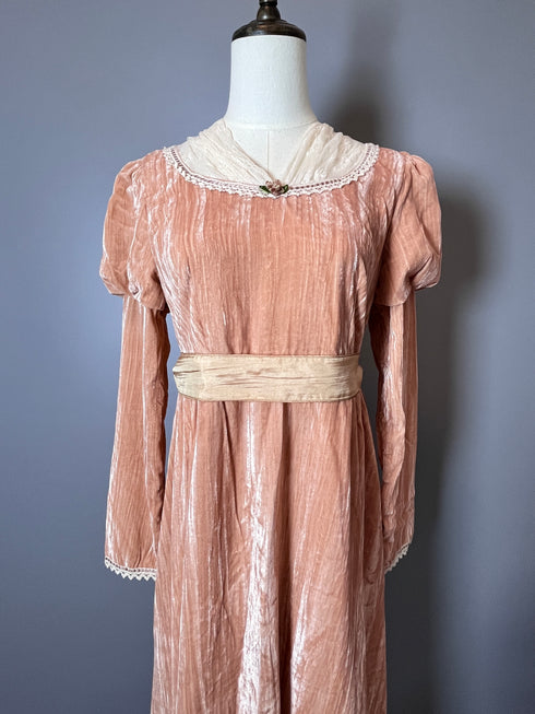 Pink Regency Era Dress with Satin Belt - Long Sleeves Velvet Dress with Lace - Regency Dress Plus Size